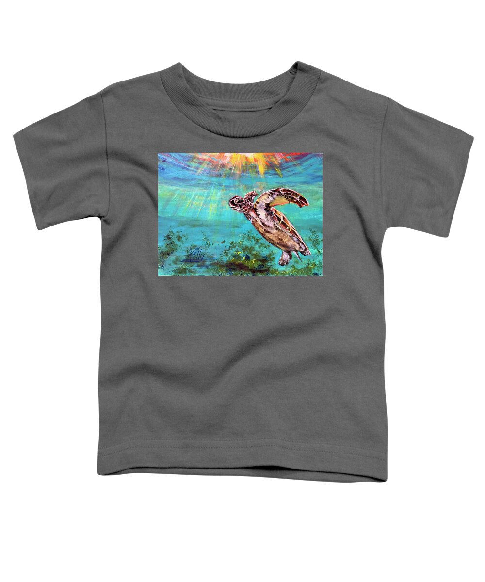 Sea Turtle Toddler T-Shirt featuring the painting Sea Turtle Catching Some Rays by Kelly Smith