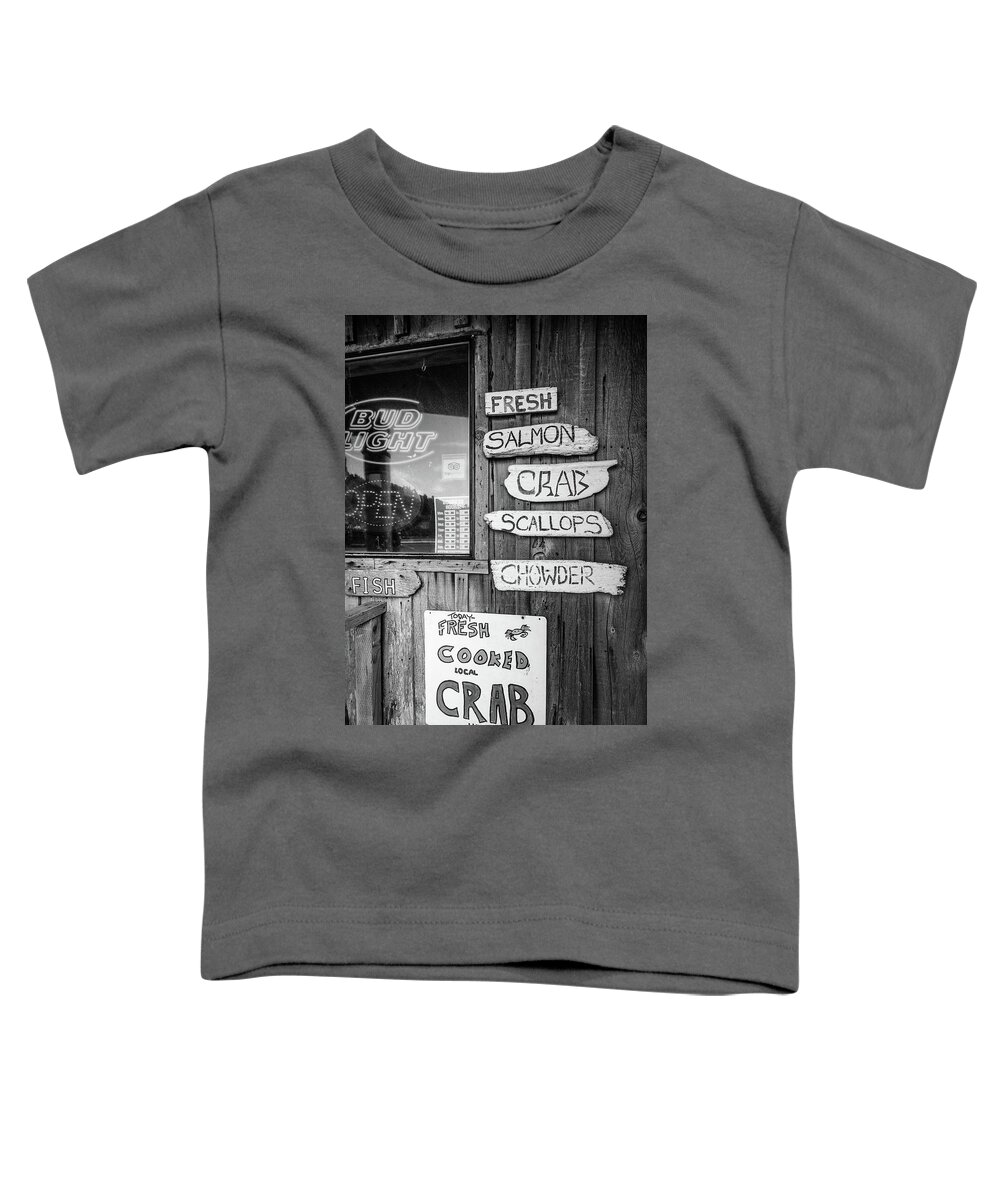 Black Toddler T-Shirt featuring the photograph Seafood Signs at the Dock Black and White by Debra and Dave Vanderlaan