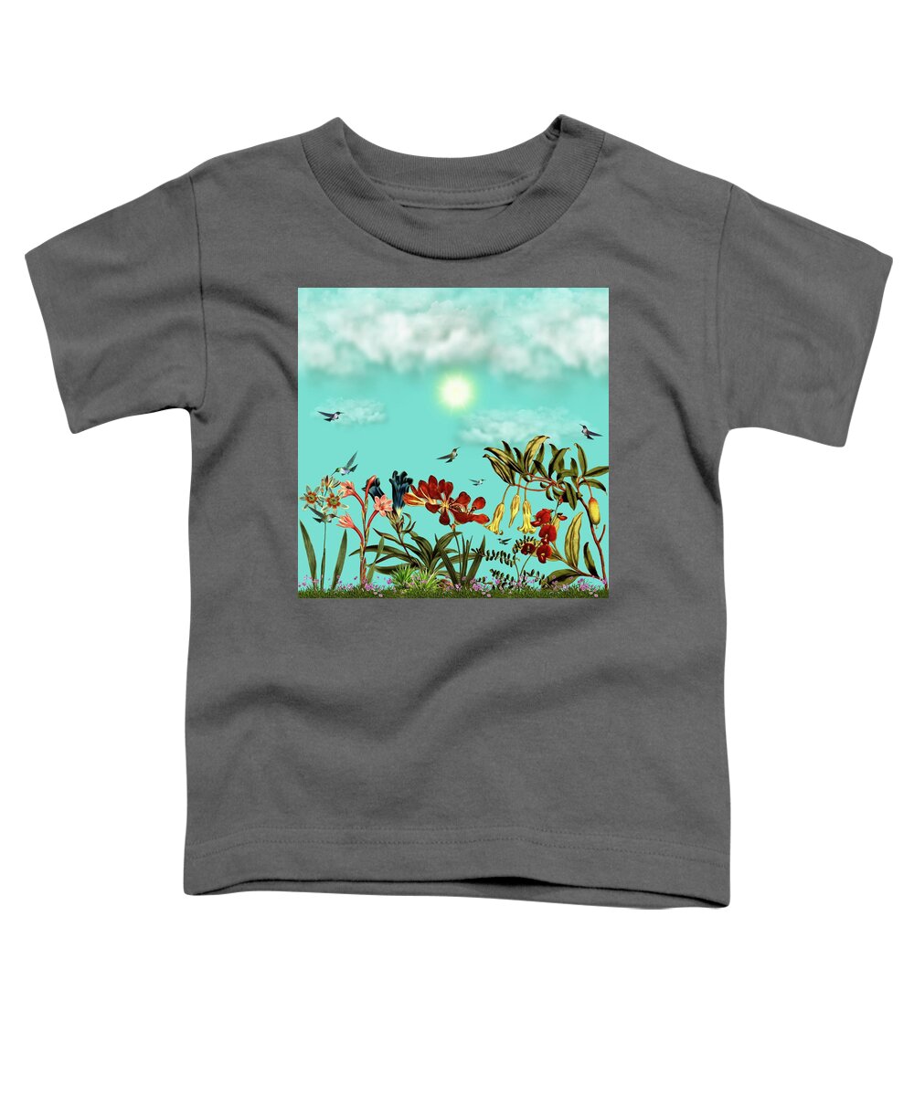 Hummingbird Toddler T-Shirt featuring the mixed media Seven Hummingbirds in the Garden by David Dehner