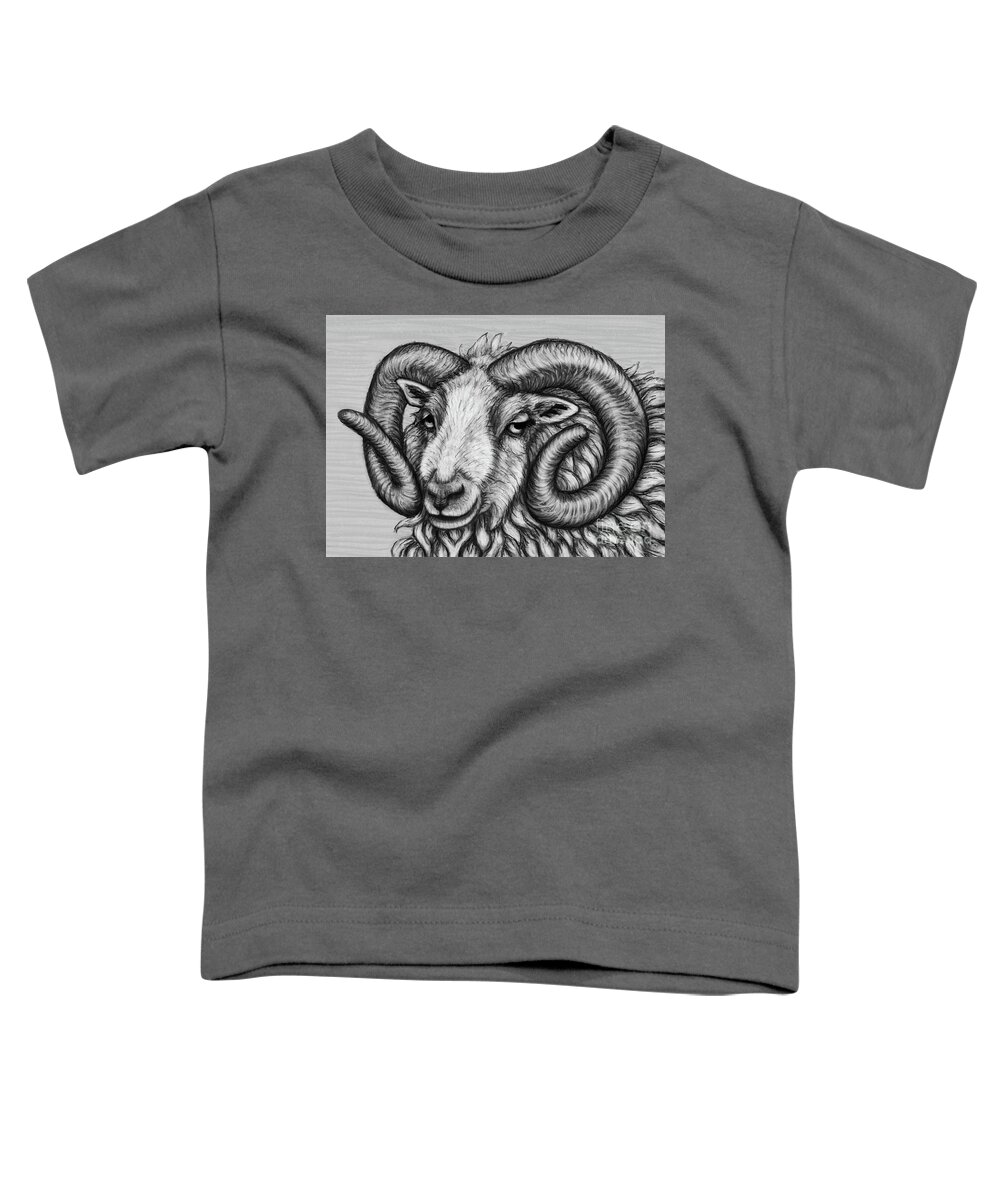 Ram Toddler T-Shirt featuring the drawing Shetland Ram. Black and White by Amy E Fraser