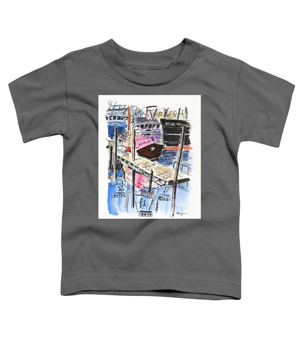 Fishing Boats Toddler T-Shirt featuring the drawing Ships in Toledo, OR by Mike Bergen