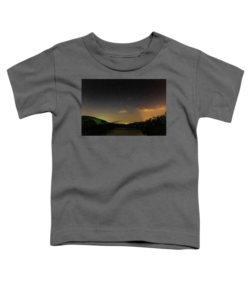 Night Toddler T-Shirt featuring the photograph Shooting Star Over The Upper Delaware River - Barryville NY Shohola PA Bridge by Amelia Pearn