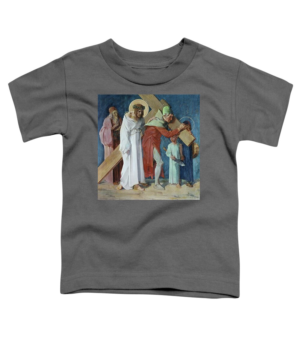Christianity Toddler T-Shirt featuring the painting Simon of Cyrene Helps Jesus 5th Station of the Cross Feuerstein by Martin Feuerstein