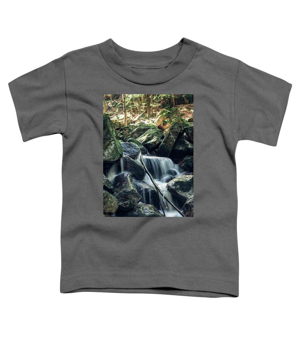 Jizera Mountains Toddler T-Shirt featuring the photograph Water flowing over rocks in icy morning weather by Vaclav Sonnek