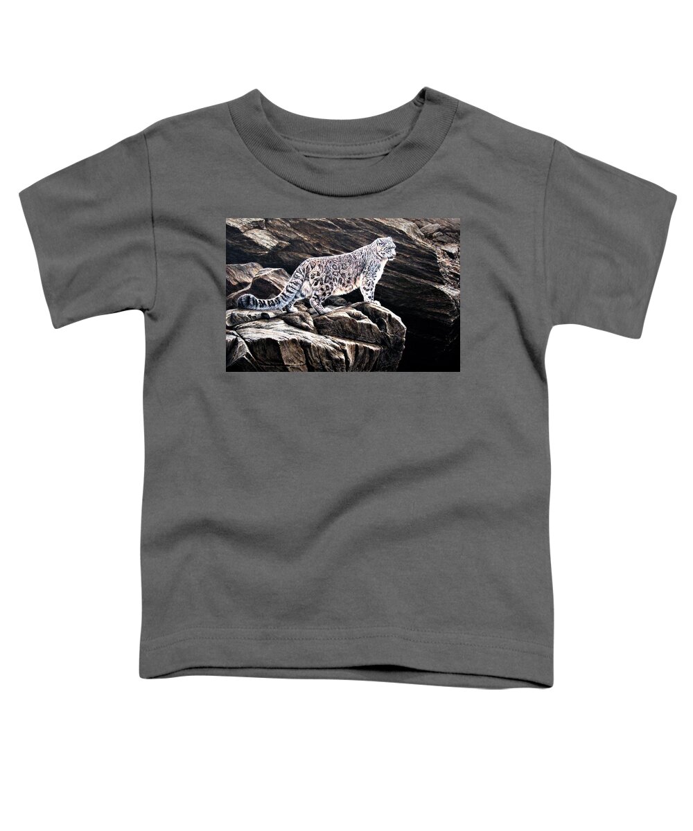 Snow Leopard Toddler T-Shirt featuring the painting Snow Leopard on rock by Alan M Hunt