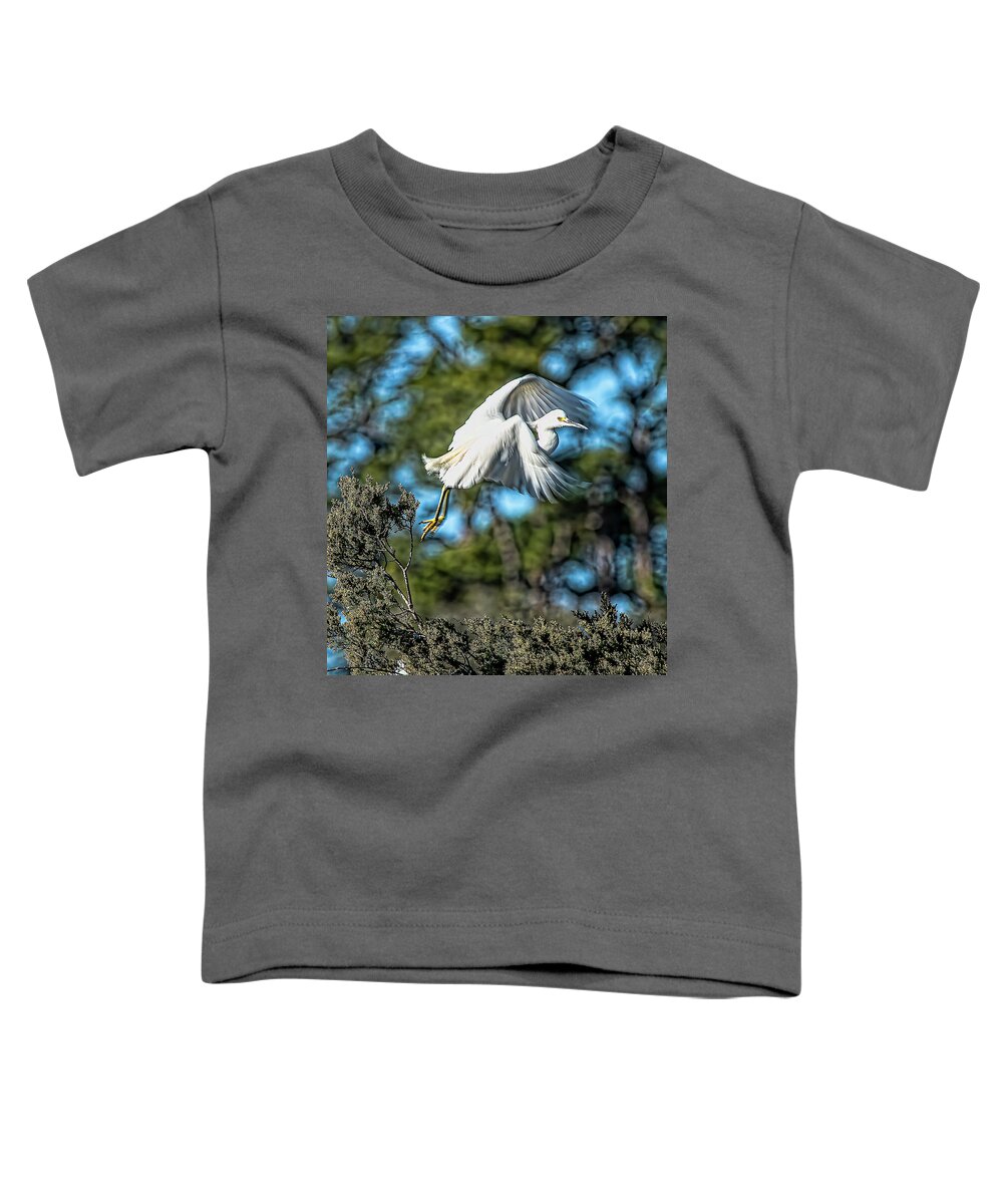 Snowy Egret Lift Off Toddler T-Shirt featuring the photograph Snowy Egret Liftoff by Daniel Hebard