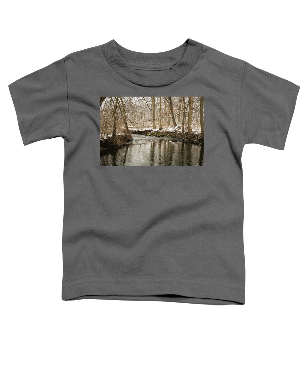 Blackwell Forest Preserve Toddler T-Shirt featuring the photograph Snowy Midwest Stream by Joni Eskridge