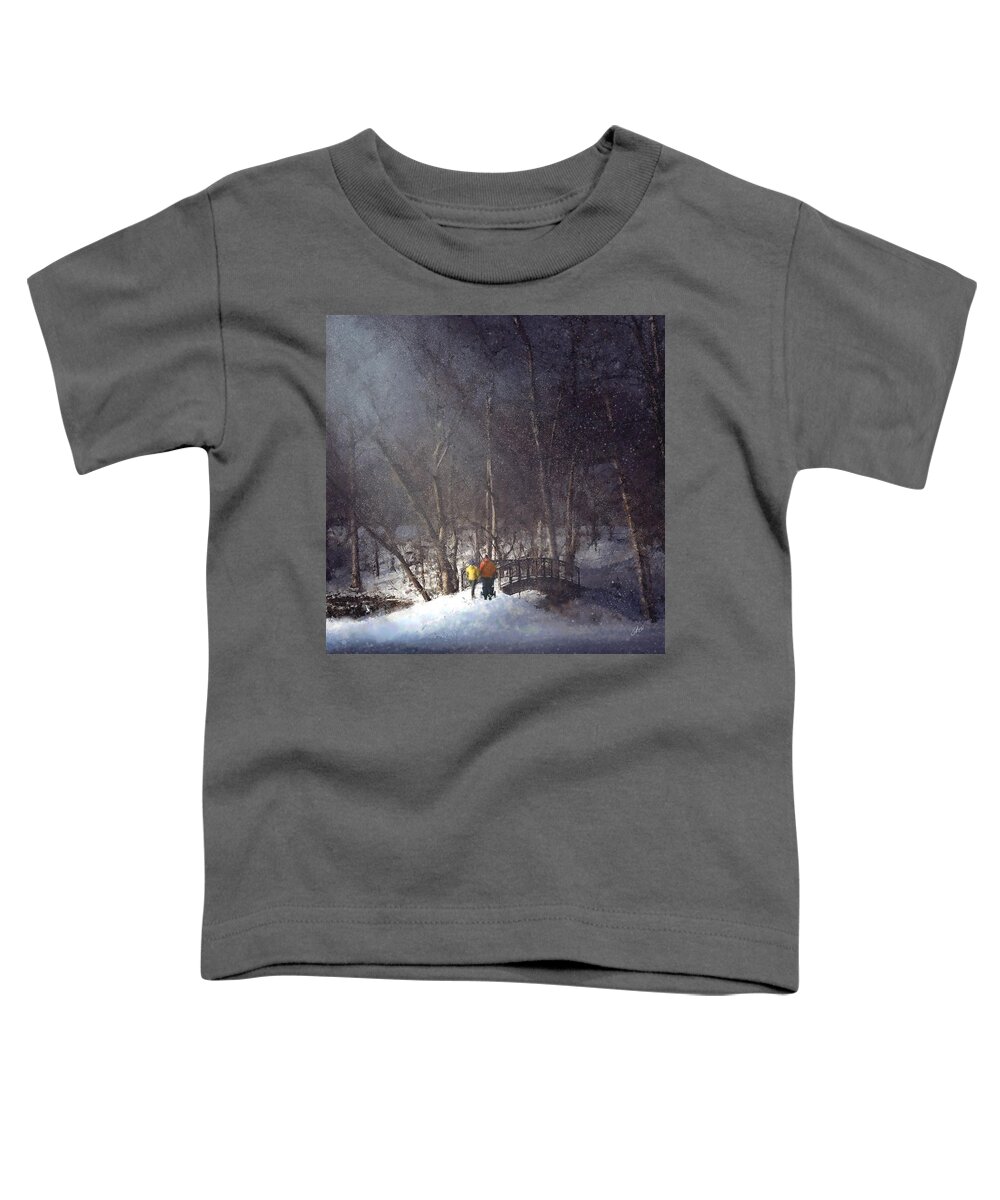 Minneapolis Toddler T-Shirt featuring the digital art Snowy Moonlit Walk Over a Minnehaha Creek Bridge by Glenn Galen