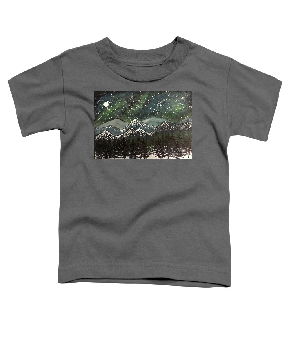 Snowy Mountains Toddler T-Shirt featuring the painting Snowy Mountains with Aurora by Lisa Neuman