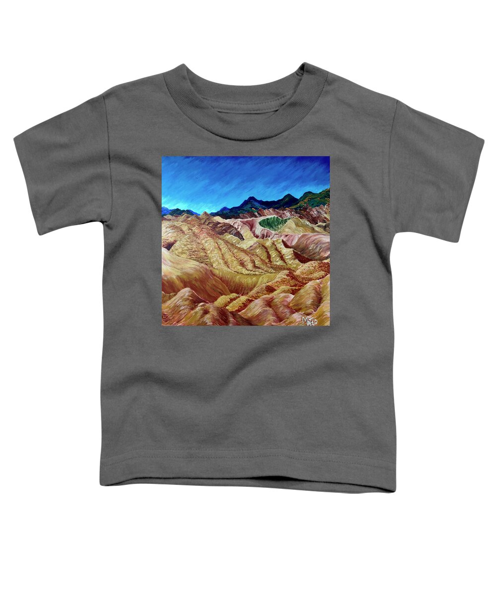 Desert Landscape Toddler T-Shirt featuring the painting Spilling onto the desert floor. The mountains at Zabriski Point. Death Valley, California. by ArtStudio Mateo