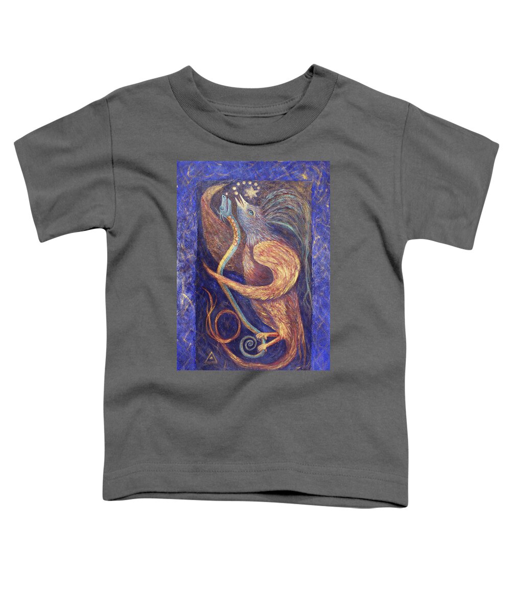 Spirit Bird Toddler T-Shirt featuring the painting Spirit Bird and Snake Singing to the Stars by Irene Vincent