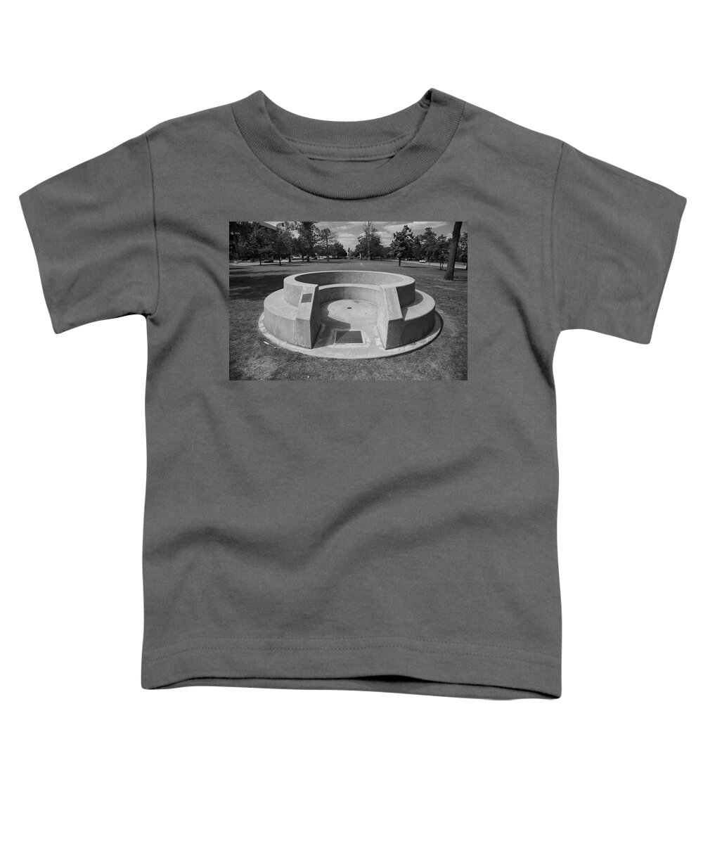 Spoonholder University Of Oklahoma Toddler T-Shirt featuring the photograph Spoonholder on the campus of the University of Oklahoma in black and white by Eldon McGraw