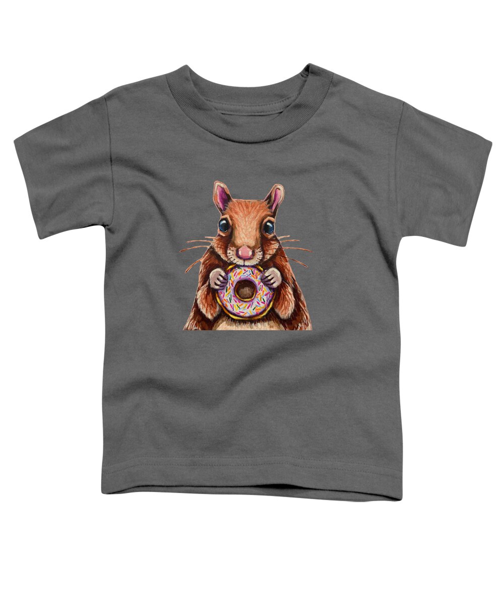 Squirrel Toddler T-Shirt featuring the painting Squirrel eating a glazed donut by Lucia Stewart