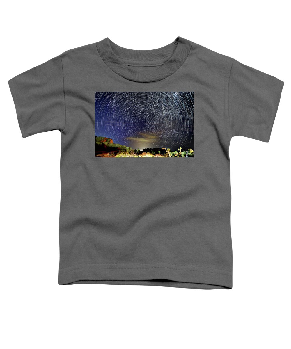 Star Trail Toddler T-Shirt featuring the photograph Star Trail and Meteor trail - Joshua Tree National Park by Amazing Action Photo Video
