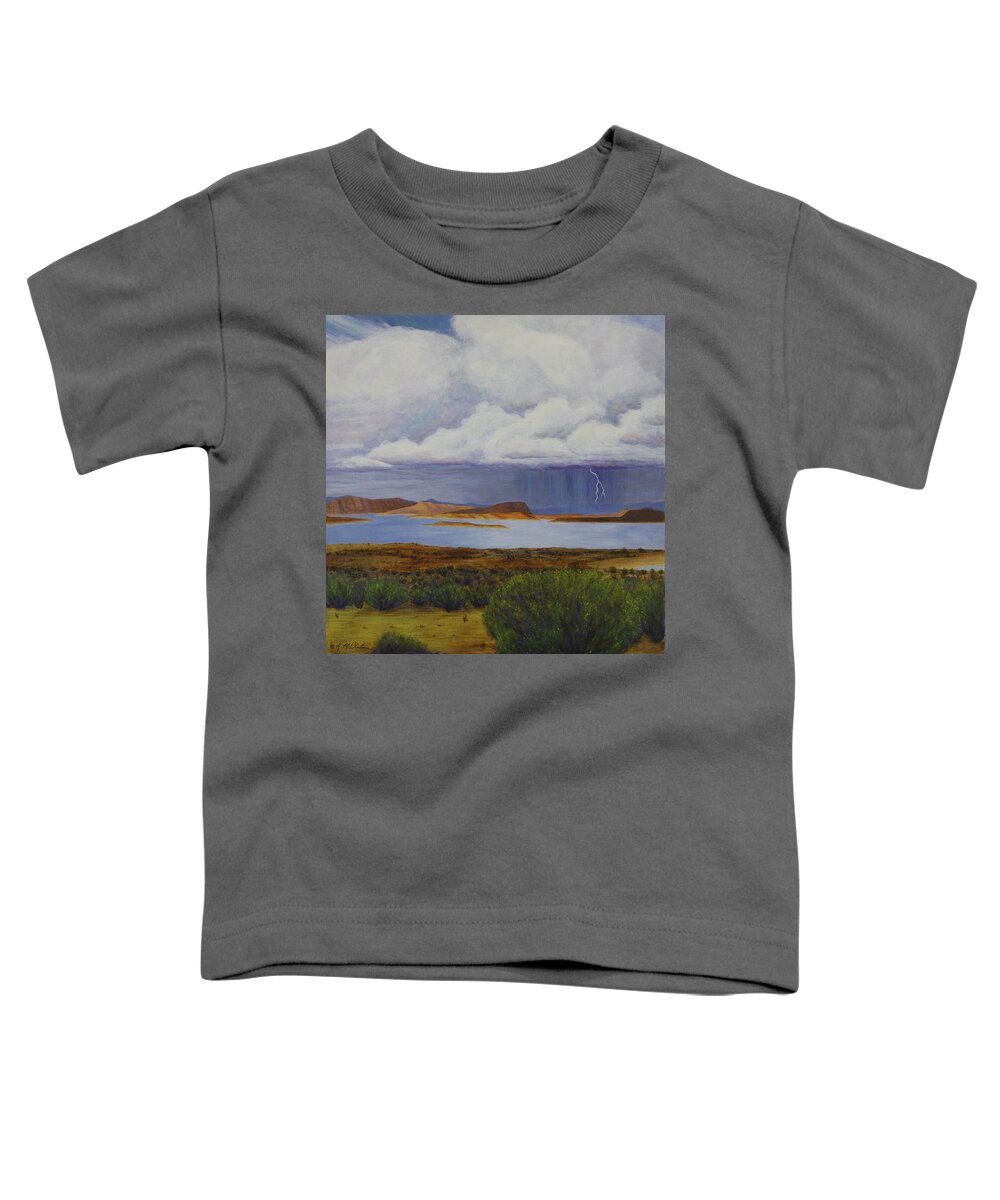 Kim Mcclinton Toddler T-Shirt featuring the painting Storm at Lake Powell- center panel of three by Kim McClinton