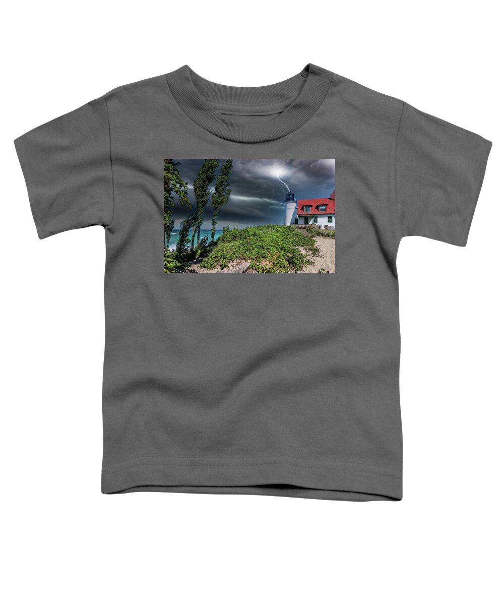 Northernmichigan Toddler T-Shirt featuring the photograph Storm at Point Betsie Lighthouse IMG_2623 by Michael Thomas
