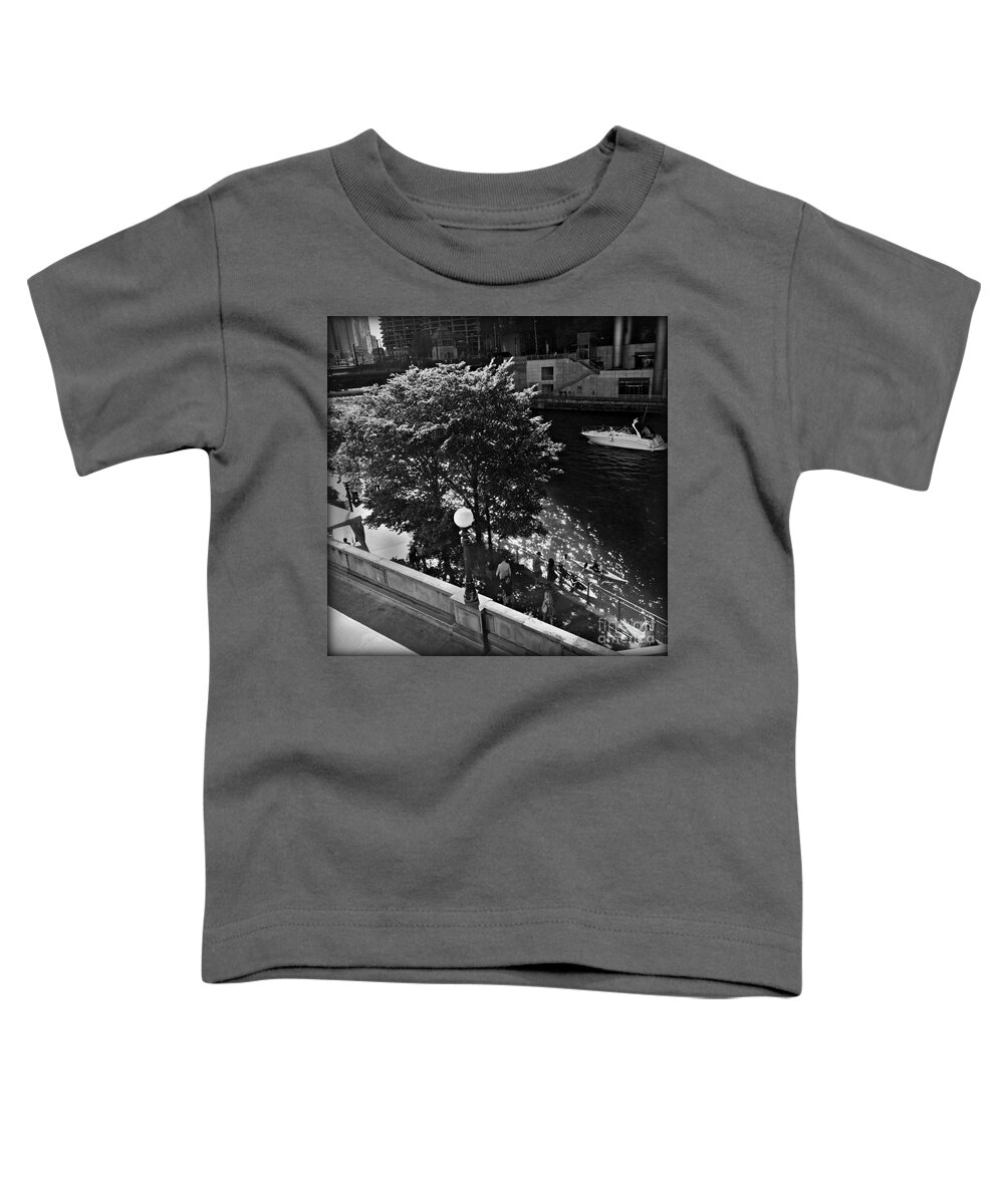 Urban Landscape Toddler T-Shirt featuring the photograph Summer Days on the Chicago River - Black and White by Frank J Casella