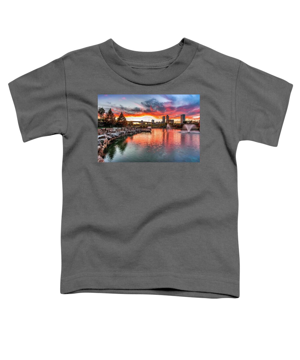 Tulsa Skyline Toddler T-Shirt featuring the photograph Sunset Over Centennial Park Lake - Tulsa Oklahoma by Gregory Ballos