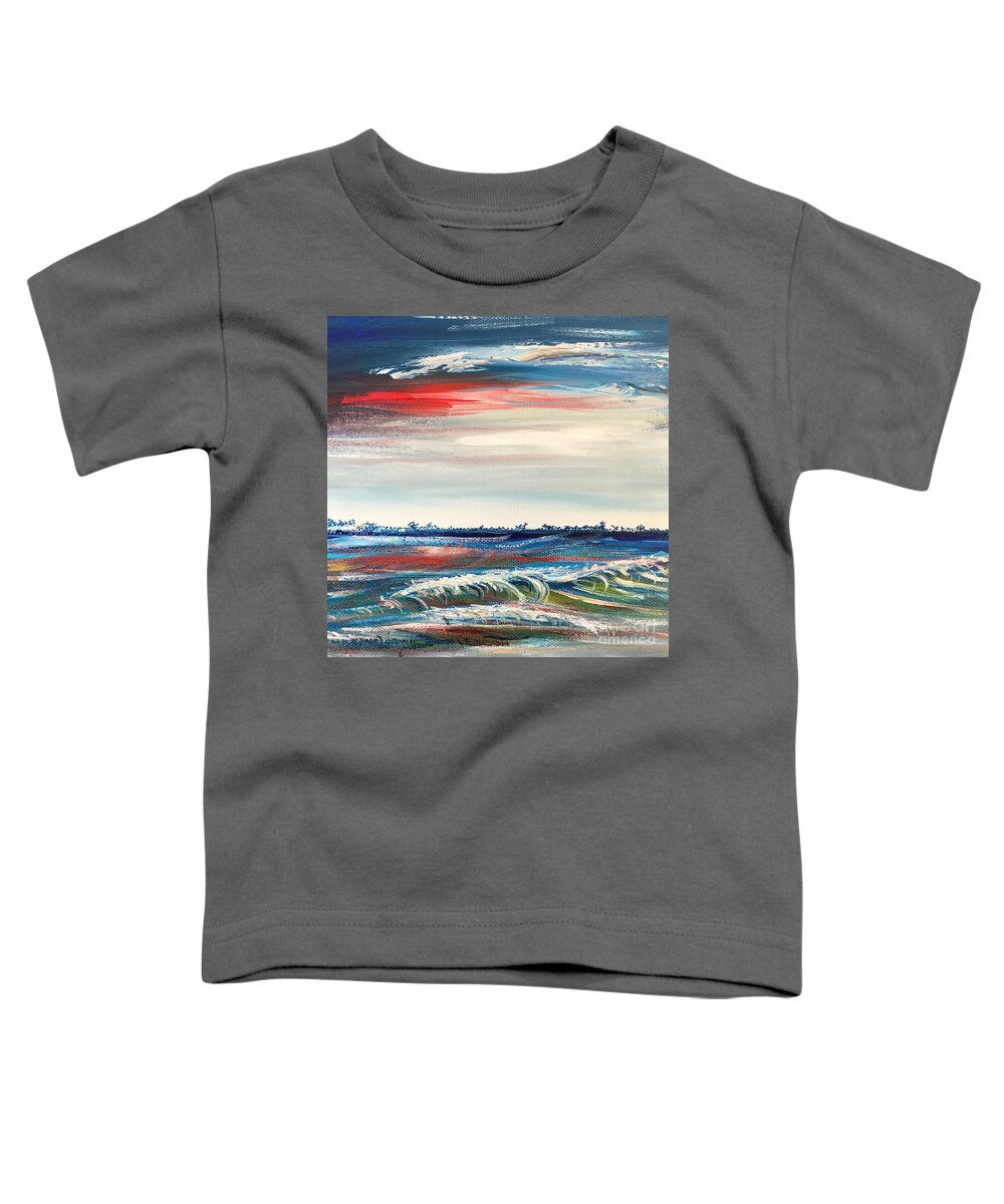 Sunset Seascape Toddler T-Shirt featuring the painting Sunset and Waves Seacape Oil Painting by Catherine Ludwig Donleycott