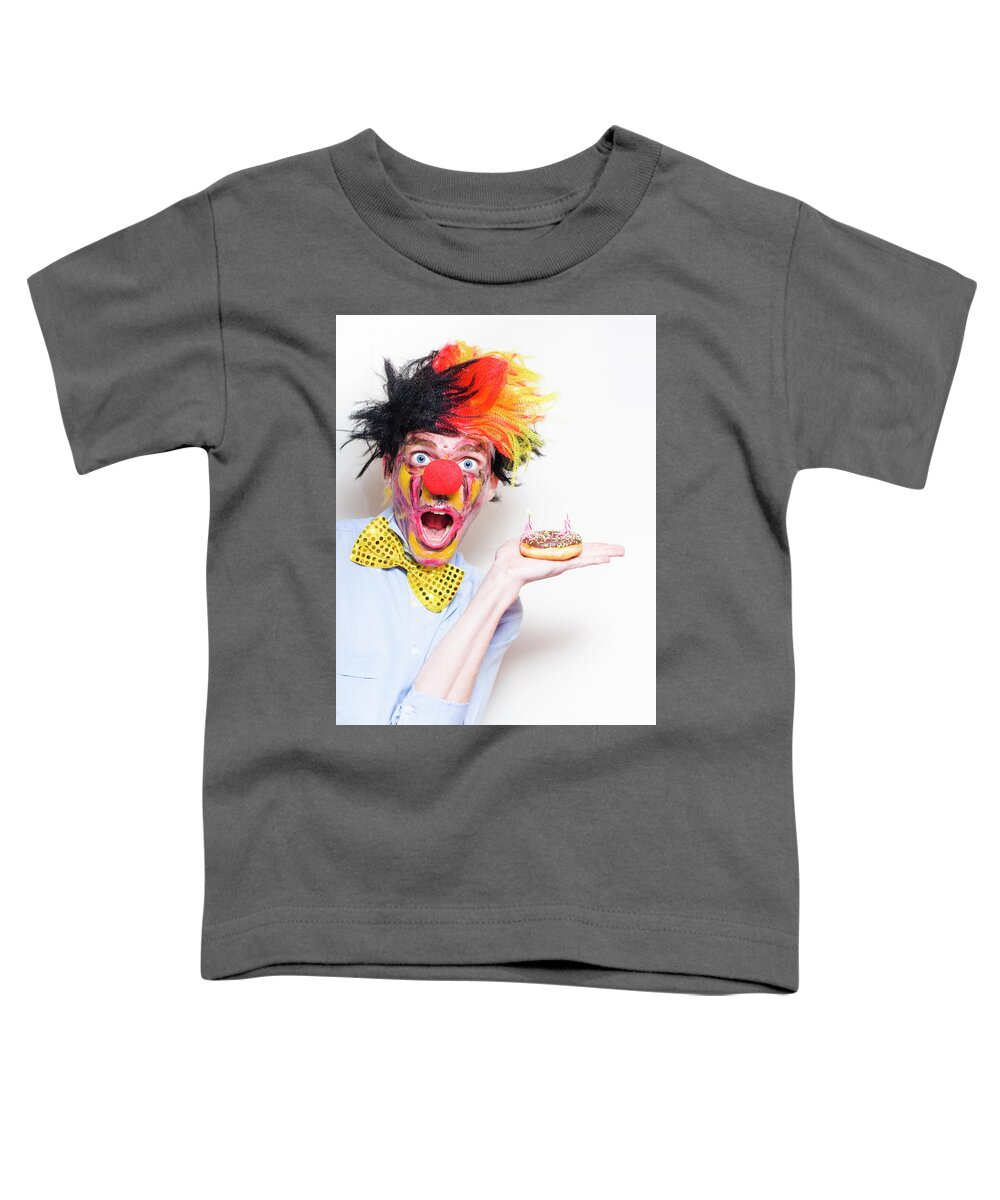 Birthday Toddler T-Shirt featuring the photograph Surprise Happy Birthday Clown Holding Party Cake by Jorgo Photography