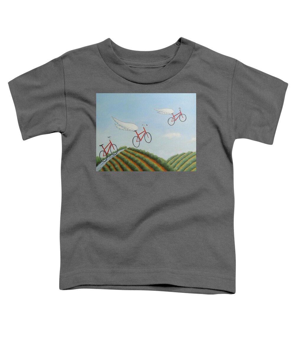 Red Bicycles Toddler T-Shirt featuring the painting Taking Flight by Phyllis Andrews