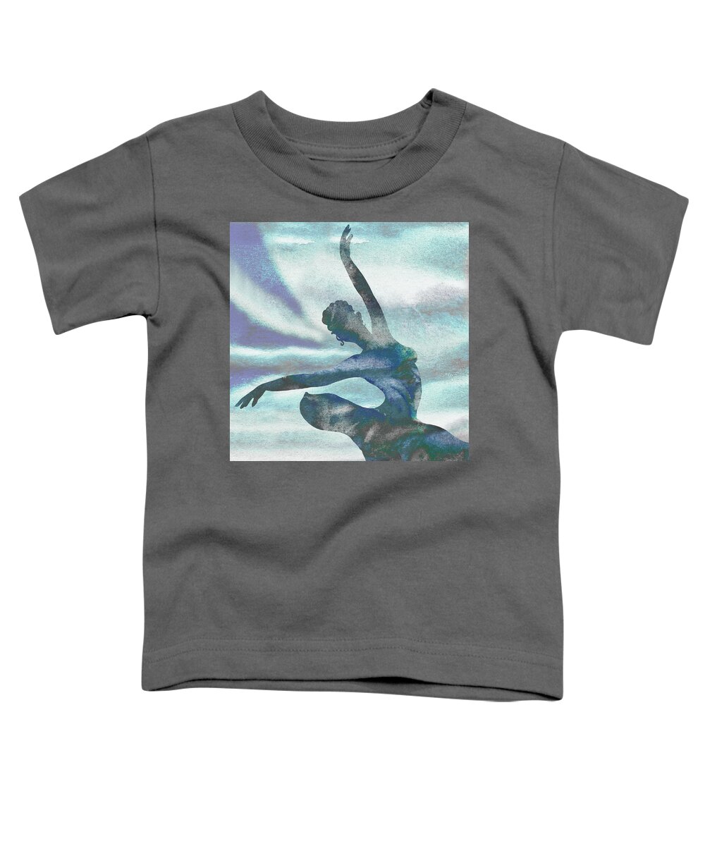Ballerina Toddler T-Shirt featuring the painting Teal Blue Watercolor Spinning Ballerina Silhouette by Irina Sztukowski