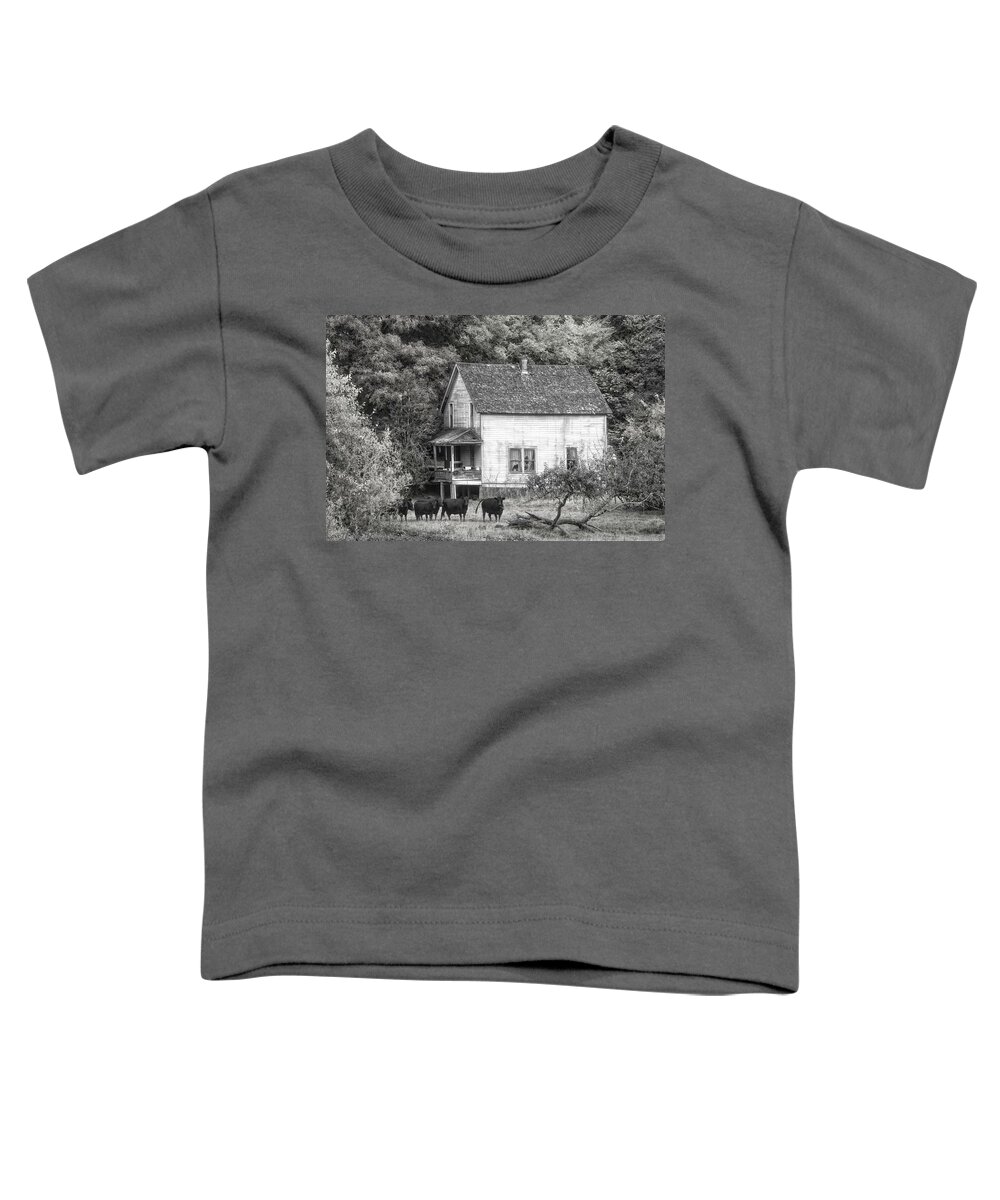American Toddler T-Shirt featuring the photograph The Cows Came Home in Black and White by Debra and Dave Vanderlaan