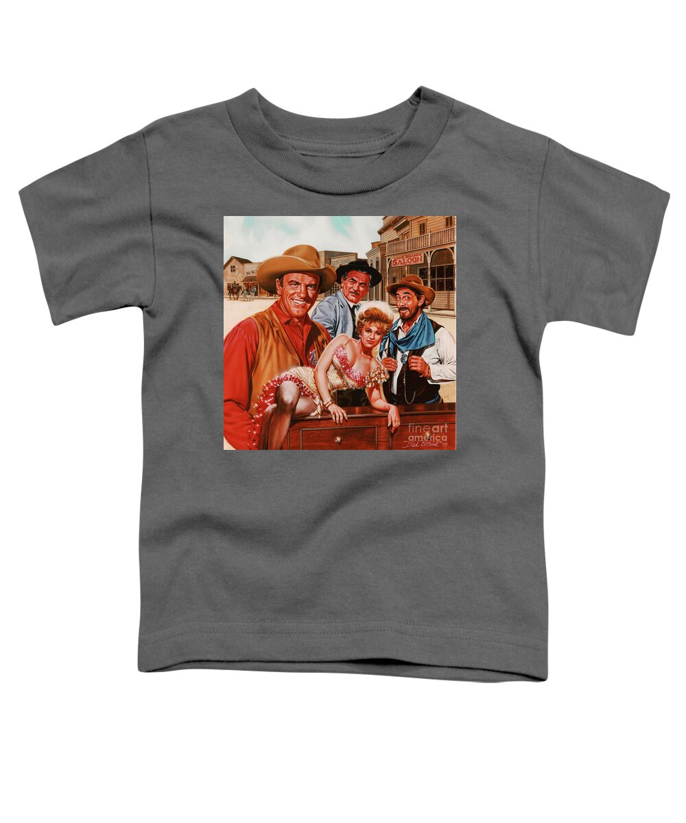Gunsmoke Toddler T-Shirt featuring the painting The Gunsmoke Cast by Dick Bobnick