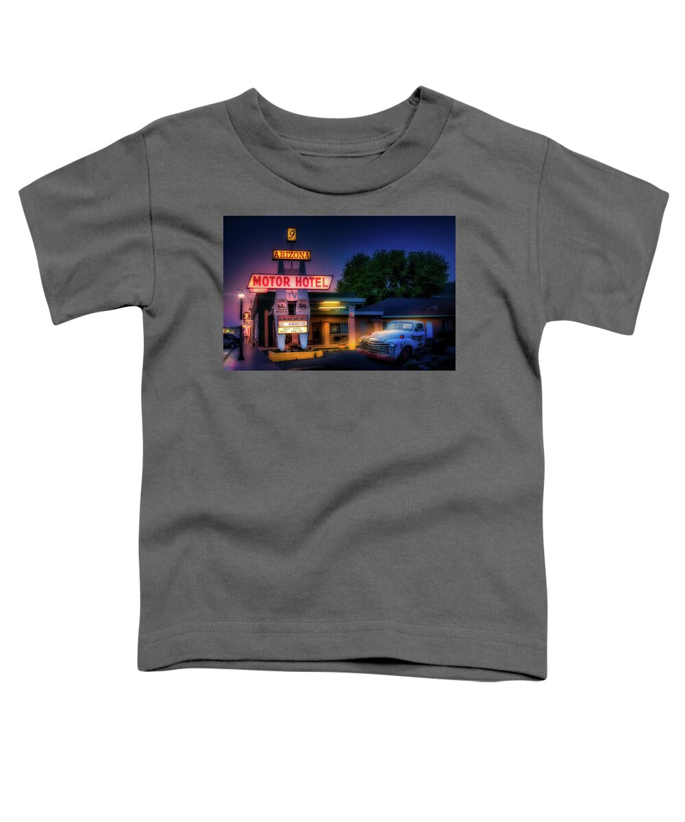 Route 66 Toddler T-Shirt featuring the photograph The Motor Hotel, Williams AZ by Micah Offman