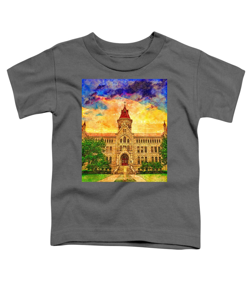 Main Building Toddler T-Shirt featuring the digital art The north side of the Main Building of St. Edward's University in Austin, Texas, at sunset by Nicko Prints