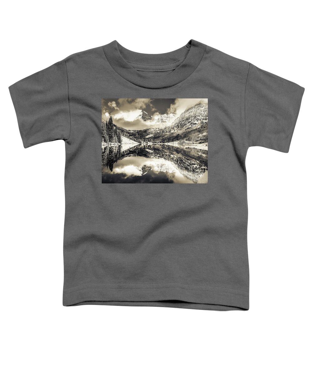Maroon Bells Toddler T-Shirt featuring the photograph The Rustic Bells - Maroon Peaks Aspen Colorado - Sepia by Gregory Ballos