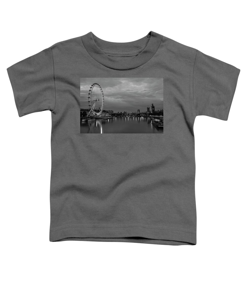 London Toddler T-Shirt featuring the photograph The Thames River London Eye England UK Dramatic Sky Black and White by Toby McGuire