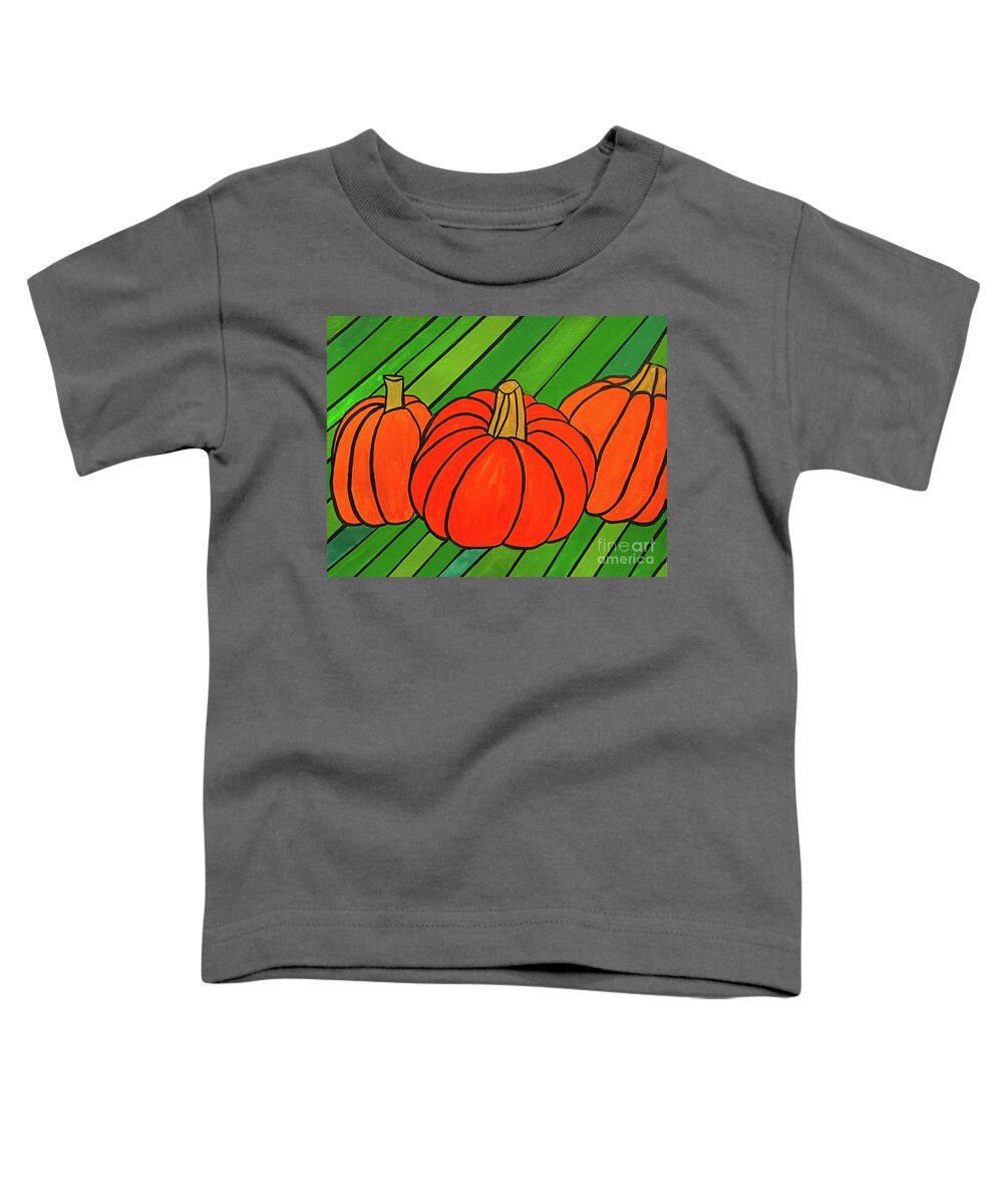 Fall Toddler T-Shirt featuring the mixed media Three Pumpkins by Lisa Neuman