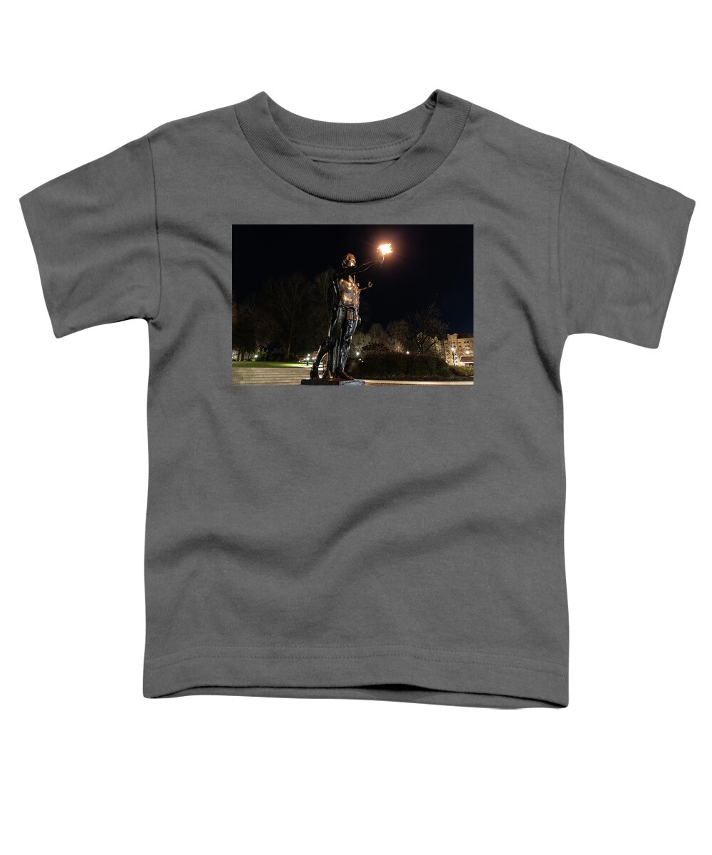University Of Tennessee At Night Toddler T-Shirt featuring the photograph Torchbearer statue at the University of Tennessee at night by Eldon McGraw