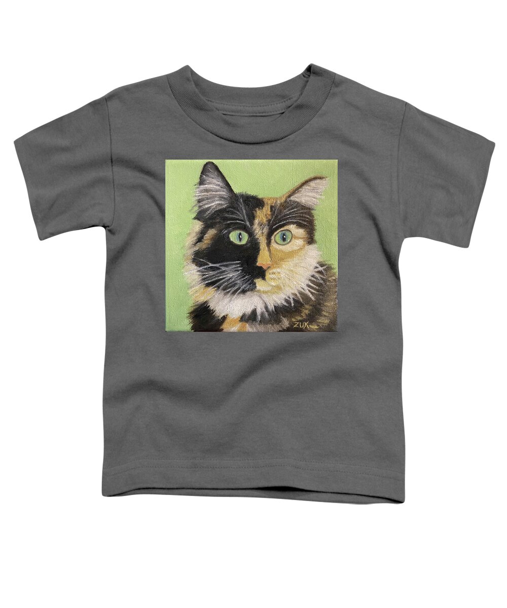 Cat Toddler T-Shirt featuring the painting Tortoiseshell Cat Face by Karen Zuk Rosenblatt