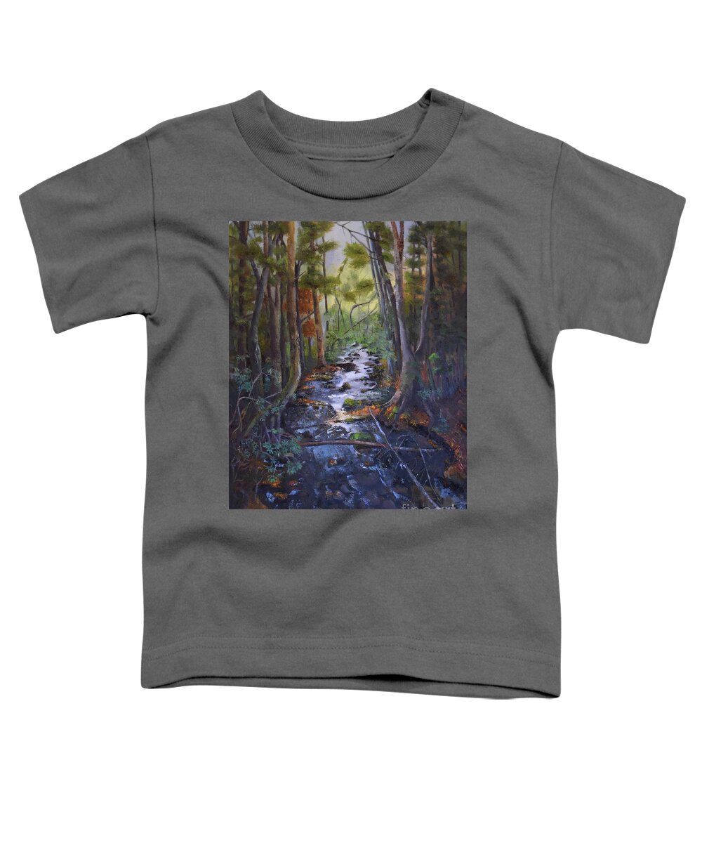  Toddler T-Shirt featuring the painting Tree Keeping Vigil over the Creek by Jan Dappen