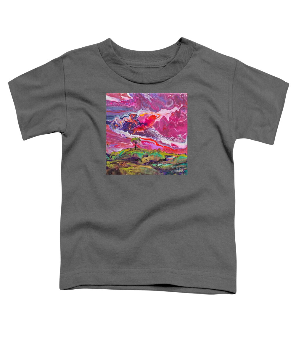 Amazing Sky Landscape Colorful Vibrant Dynamic Energetic Abstract Compelling Toddler T-Shirt featuring the painting Tree On A Hill Amazing Sky 7626 by Priscilla Batzell Expressionist Art Studio Gallery