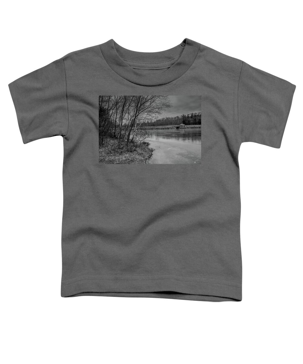 Pennsylvania Toddler T-Shirt featuring the photograph Trees on the edge of an iced reservoir by Alan Goldberg