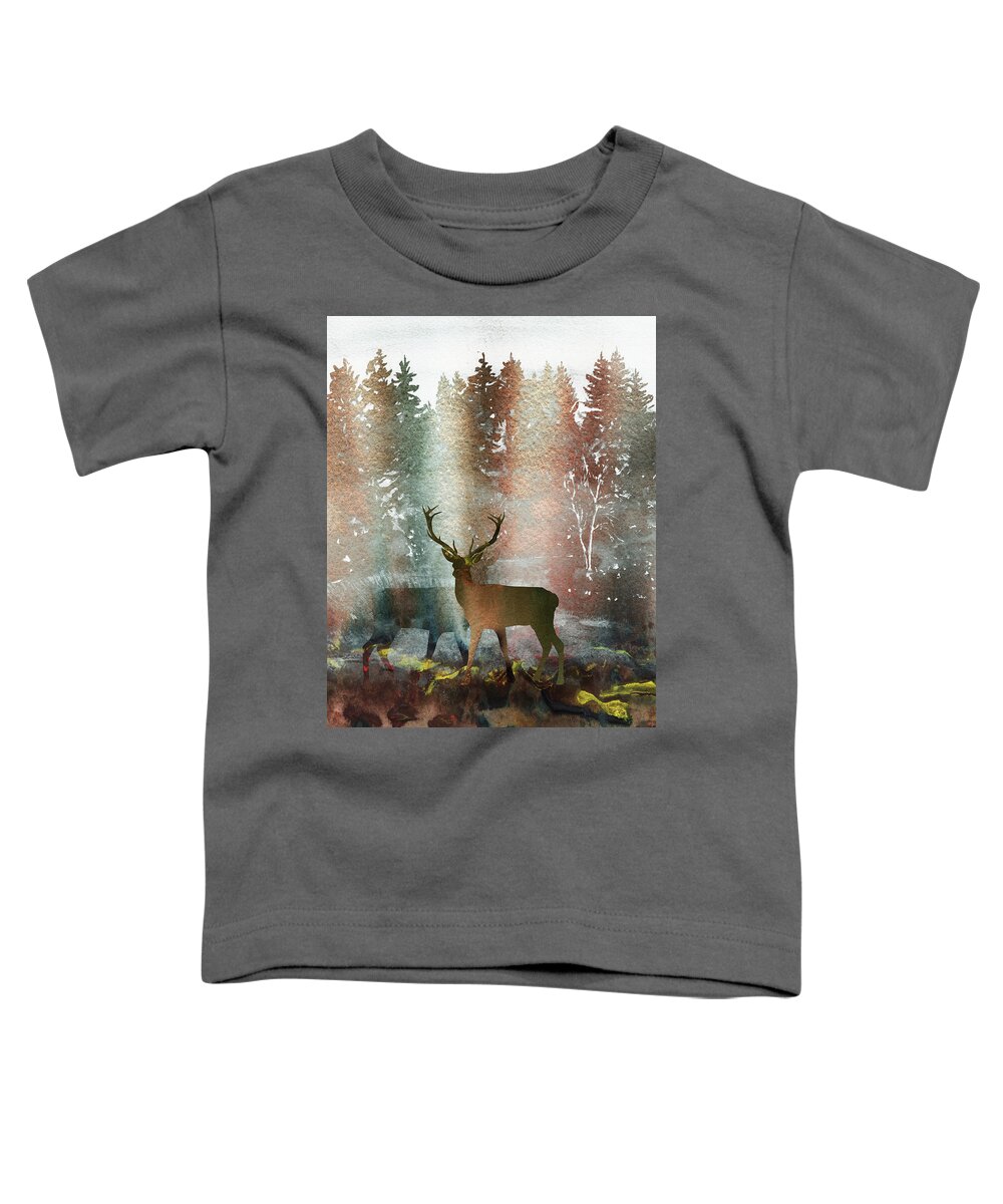 Deer Toddler T-Shirt featuring the painting Two Deer Bucks In The Fall Forest Watercolor Silhouette by Irina Sztukowski