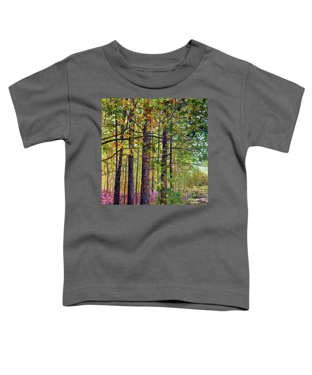 Texas Park Toddler T-Shirt featuring the painting Under Tree Canopy - Tall Trees by Hailey E Herrera