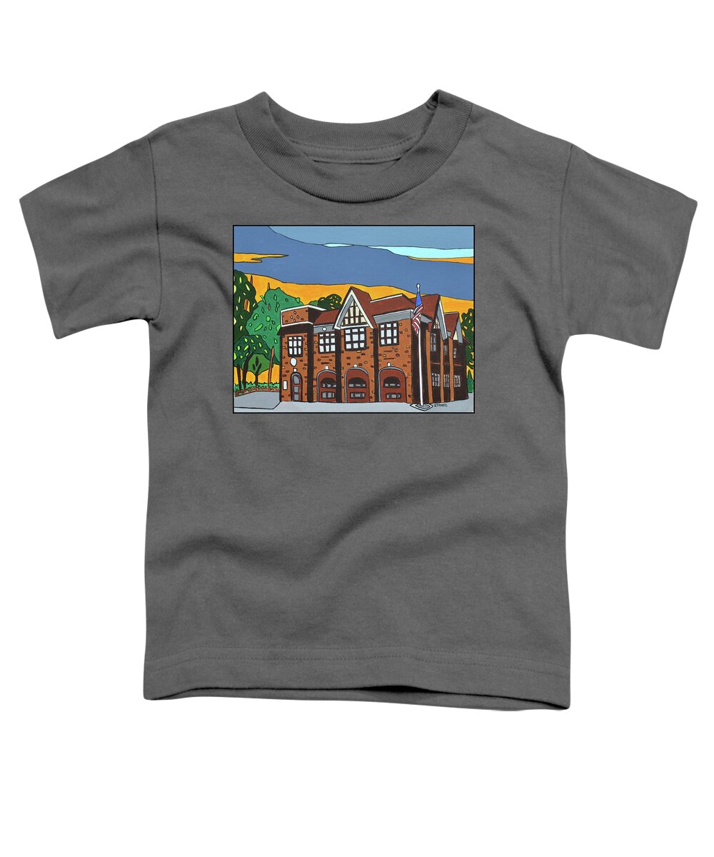 Valley Stream Fire Department Rockaway Ave. Toddler T-Shirt featuring the painting Valley Stream Fire House by Mike Stanko