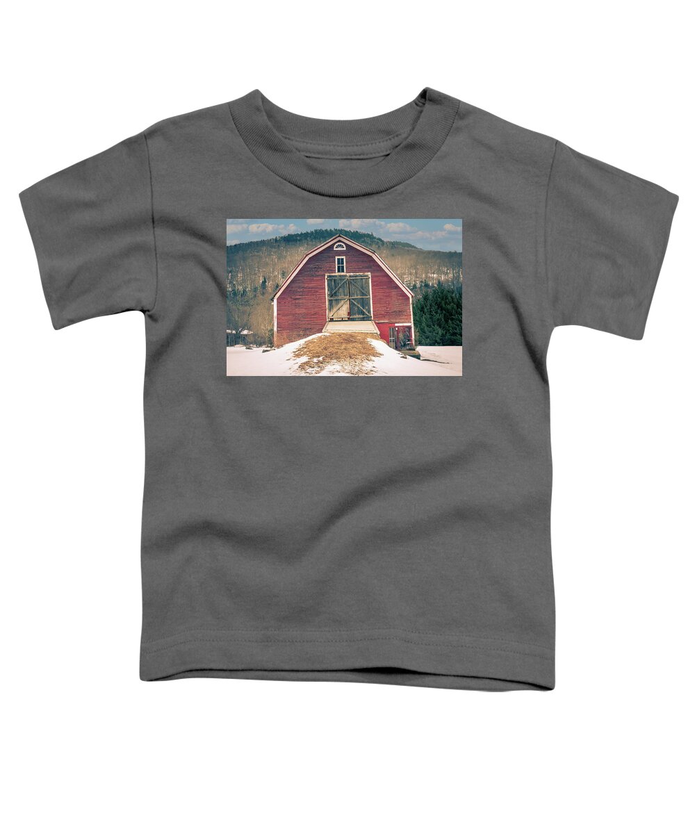 Vermont Winter Toddler T-Shirt featuring the photograph Vermont Red Barn in Winter by Jeff Folger