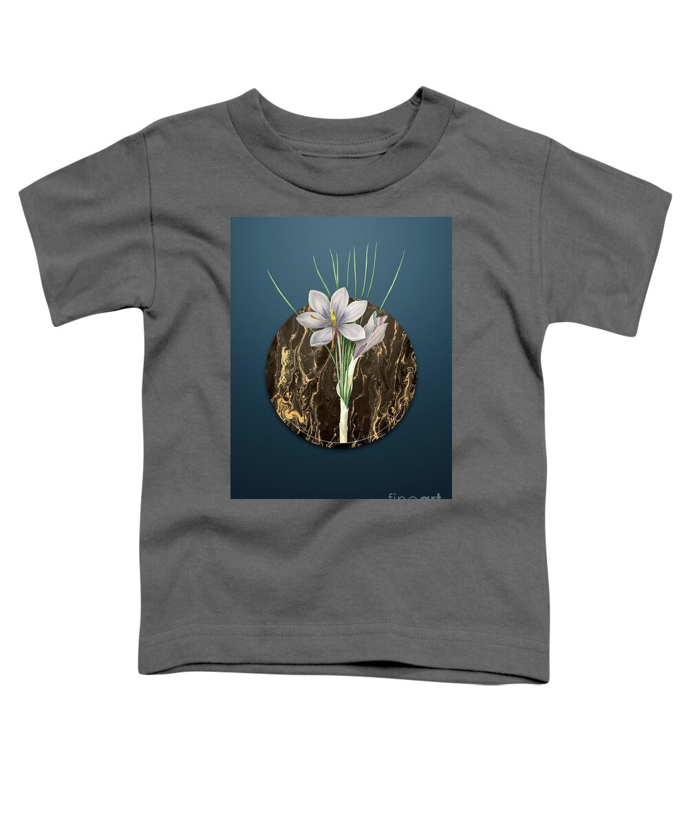 Vintage Toddler T-Shirt featuring the painting Vintage Autumn Crocus Art in Gilded Marble on Dusk Blue by Holy Rock Design