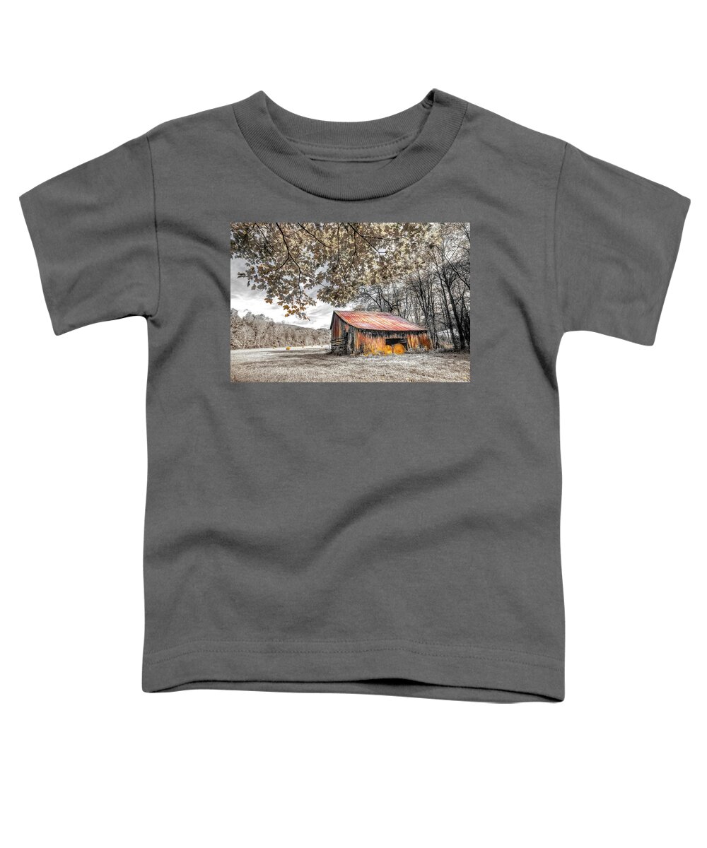 Barns Toddler T-Shirt featuring the photograph Vintage Barn Black and White and Rusty Red Creeper Trail Damascu by Debra and Dave Vanderlaan