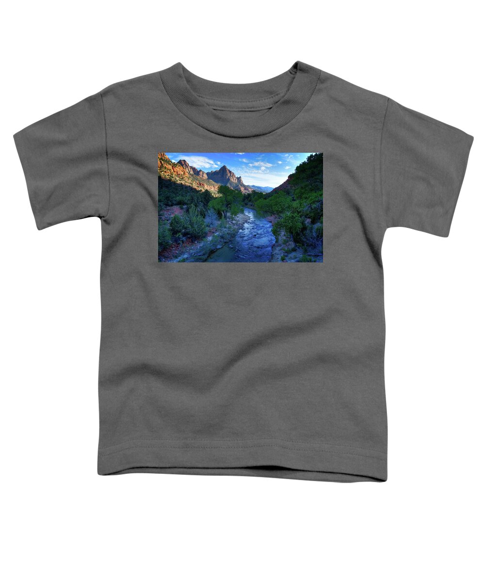 The Watchman Toddler T-Shirt featuring the photograph Virgin River from Bridge by Jack and Darnell Est