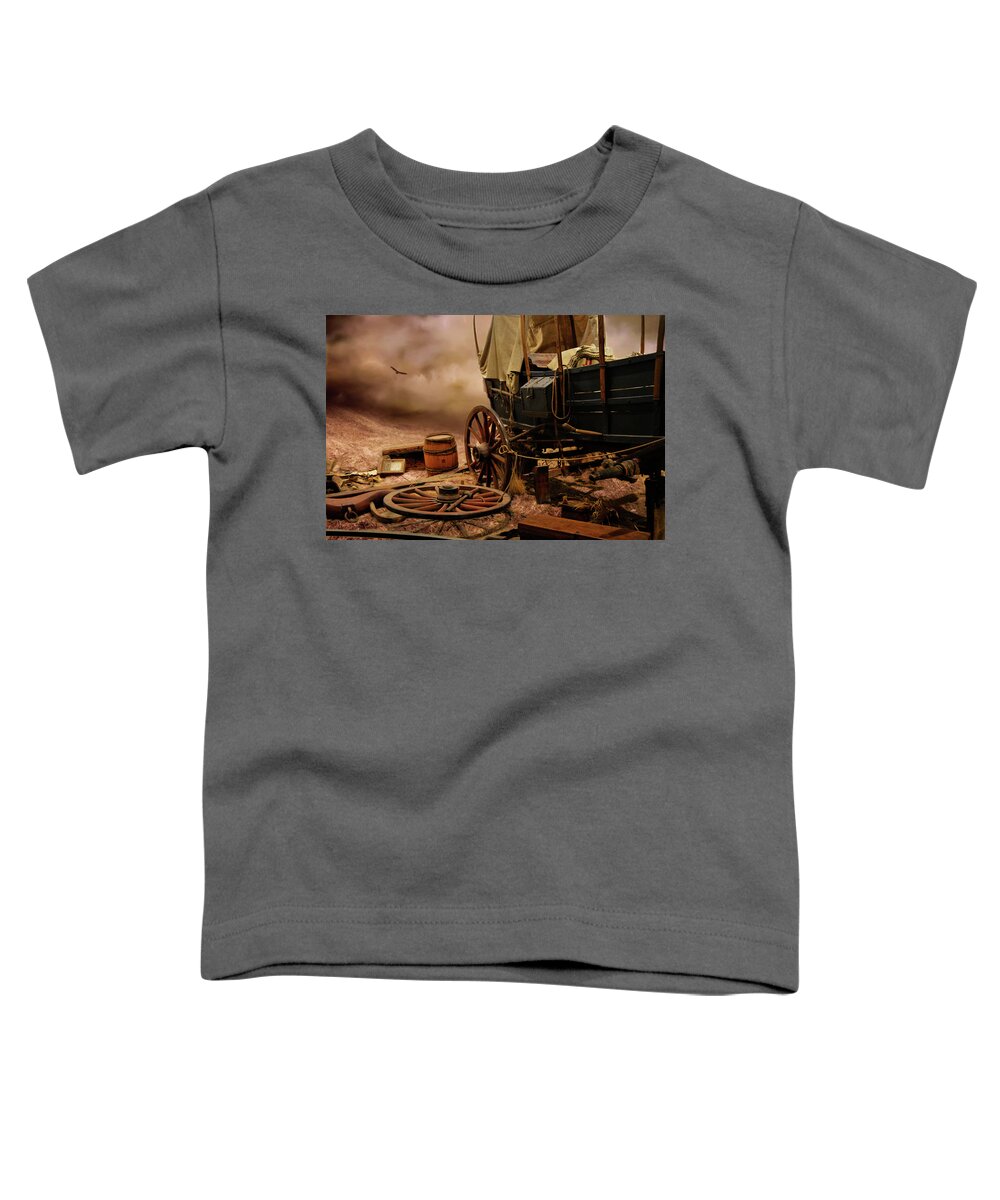 Covered Wagon Toddler T-Shirt featuring the mixed media Wagon Wheel by Kathy Kelly