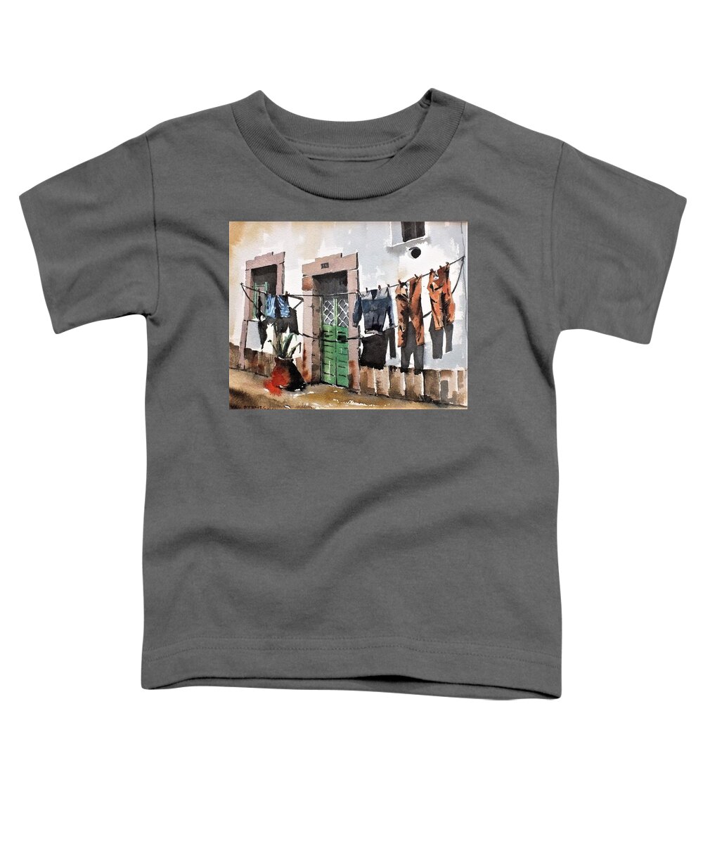 Luule House Pretending To Be A Washing Line ! Portugal Toddler T-Shirt featuring the painting Washing Line in Luule, Portugal by Val Byrne