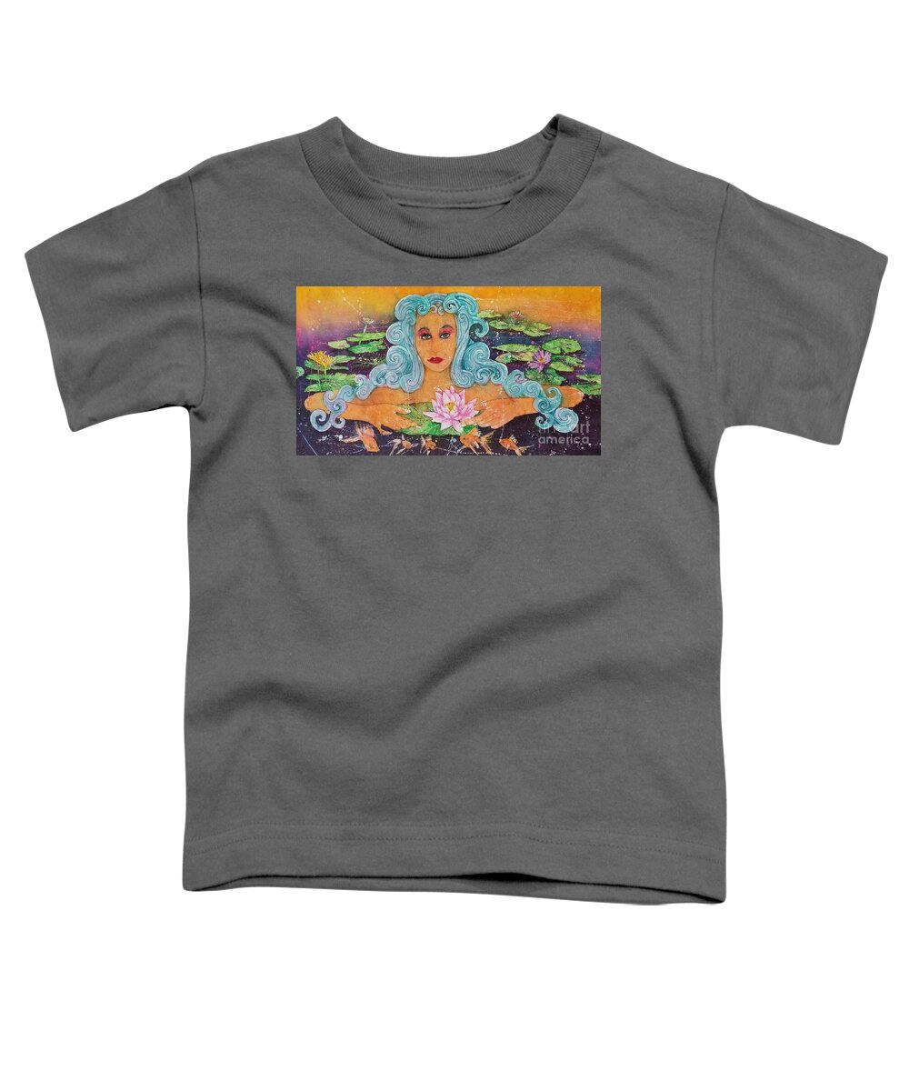 Gold Fish Water Lily Toddler T-Shirt featuring the painting Waterlilly Garden Goddess by Carol Losinski Naylor