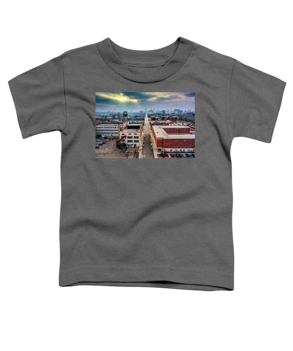 Detroit Toddler T-Shirt featuring the photograph Watertower Skyline DJI_0690 by Michael Thomas