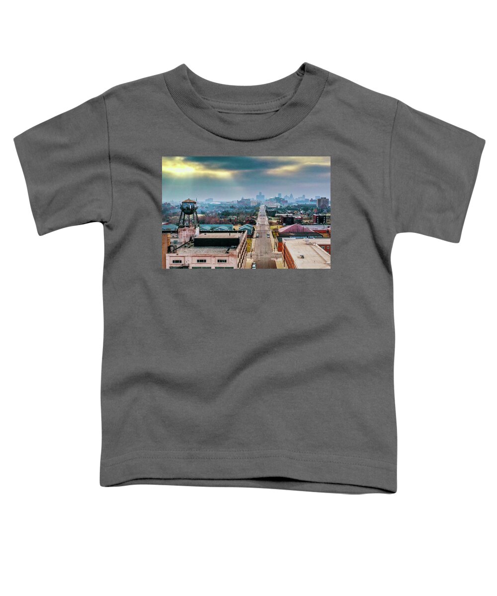 Detroit Toddler T-Shirt featuring the photograph Watertower Skyline V2 DJI_0690 by Michael Thomas
